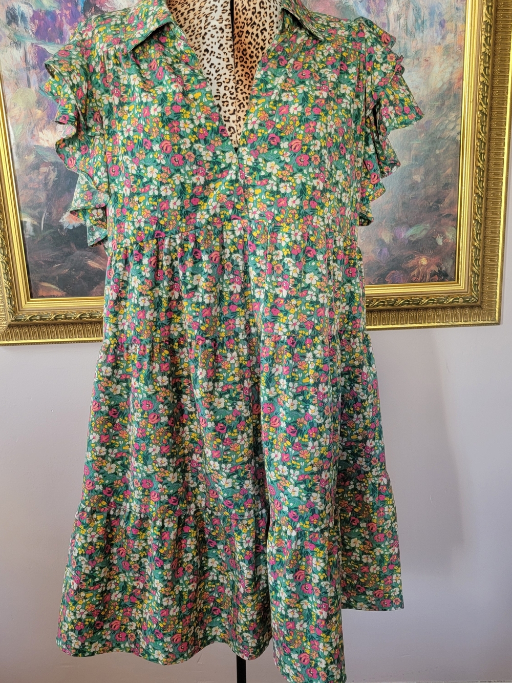 Umgee Kelly Green Ditsy Floral Babydoll Dress